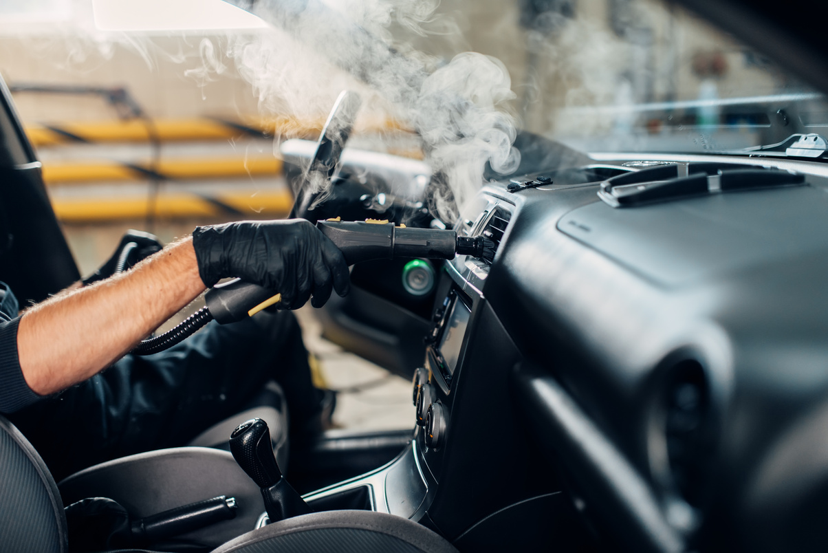 Carwash, Removing Dust and Dirt with Steam Cleaner